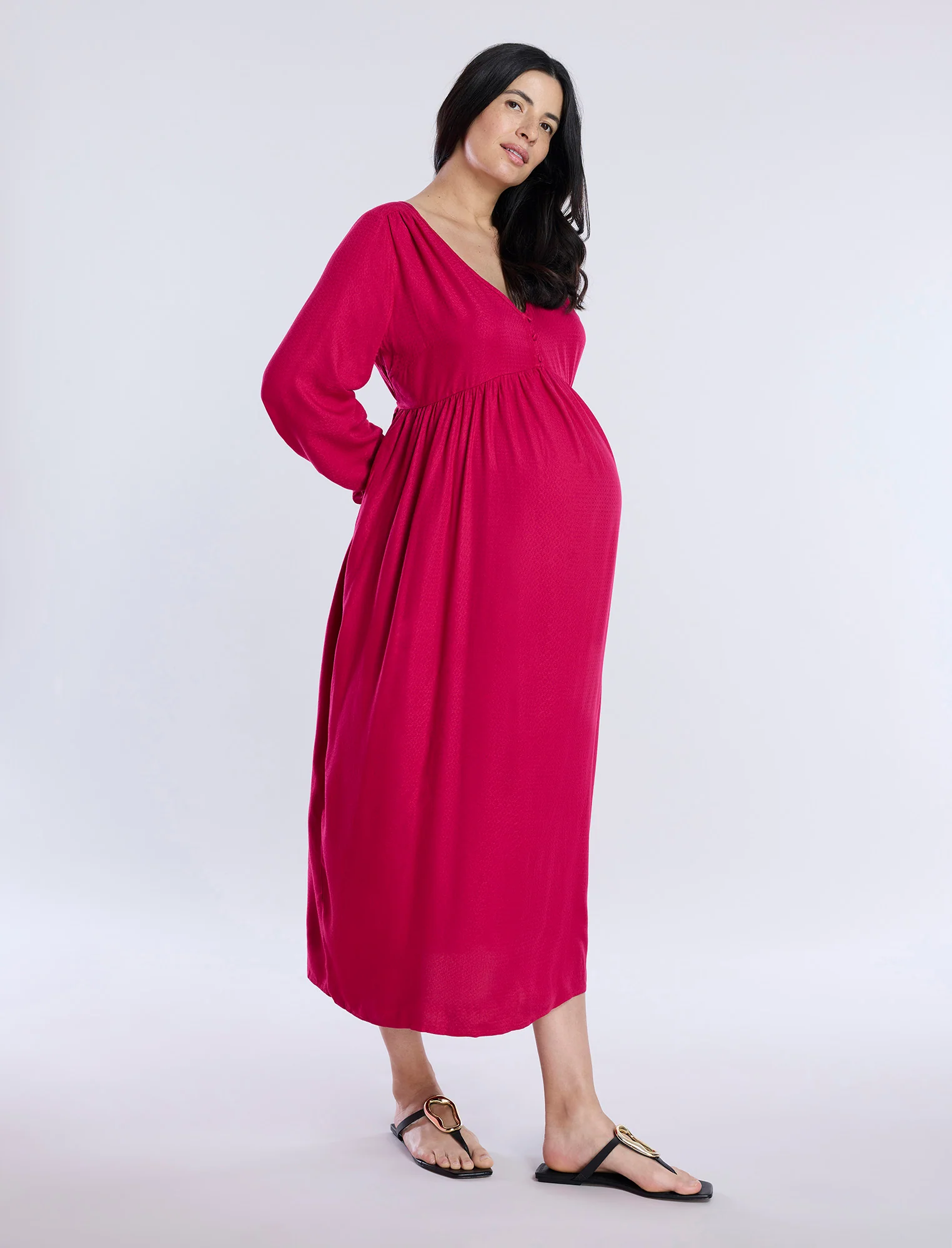 Long Sleeve Button Front Midi Dress - Image 3