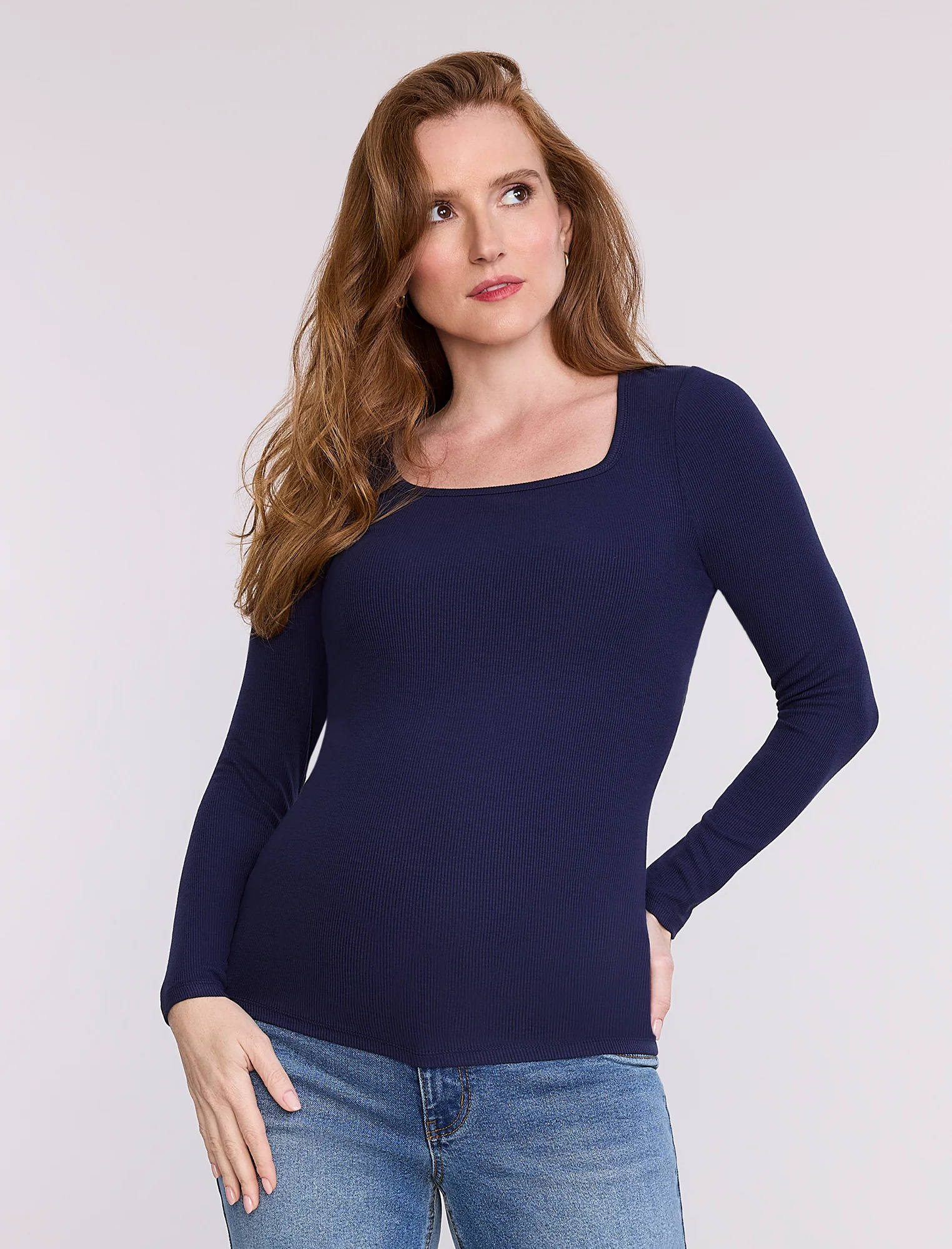 Long Sleeve Rib Knit Square Neck Tee