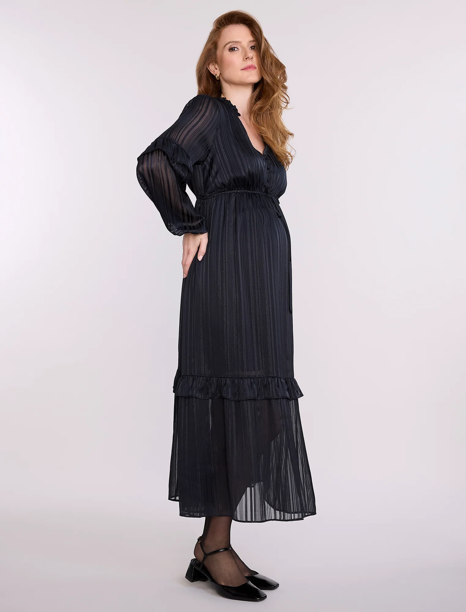 Long Sleeve Tiered Maxi Dress with Drawstring - Image 3