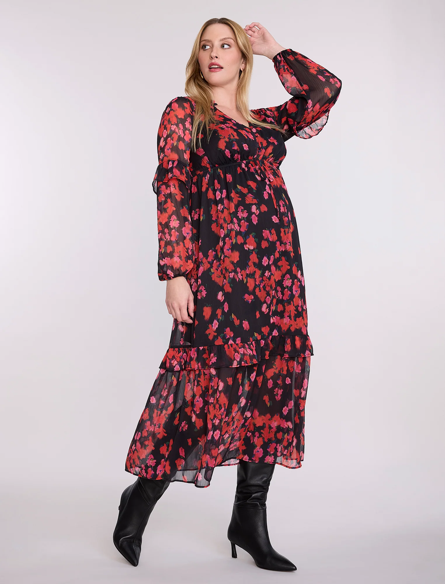 Long Sleeve Tiered Maxi Dress with Drawstring - Image 3