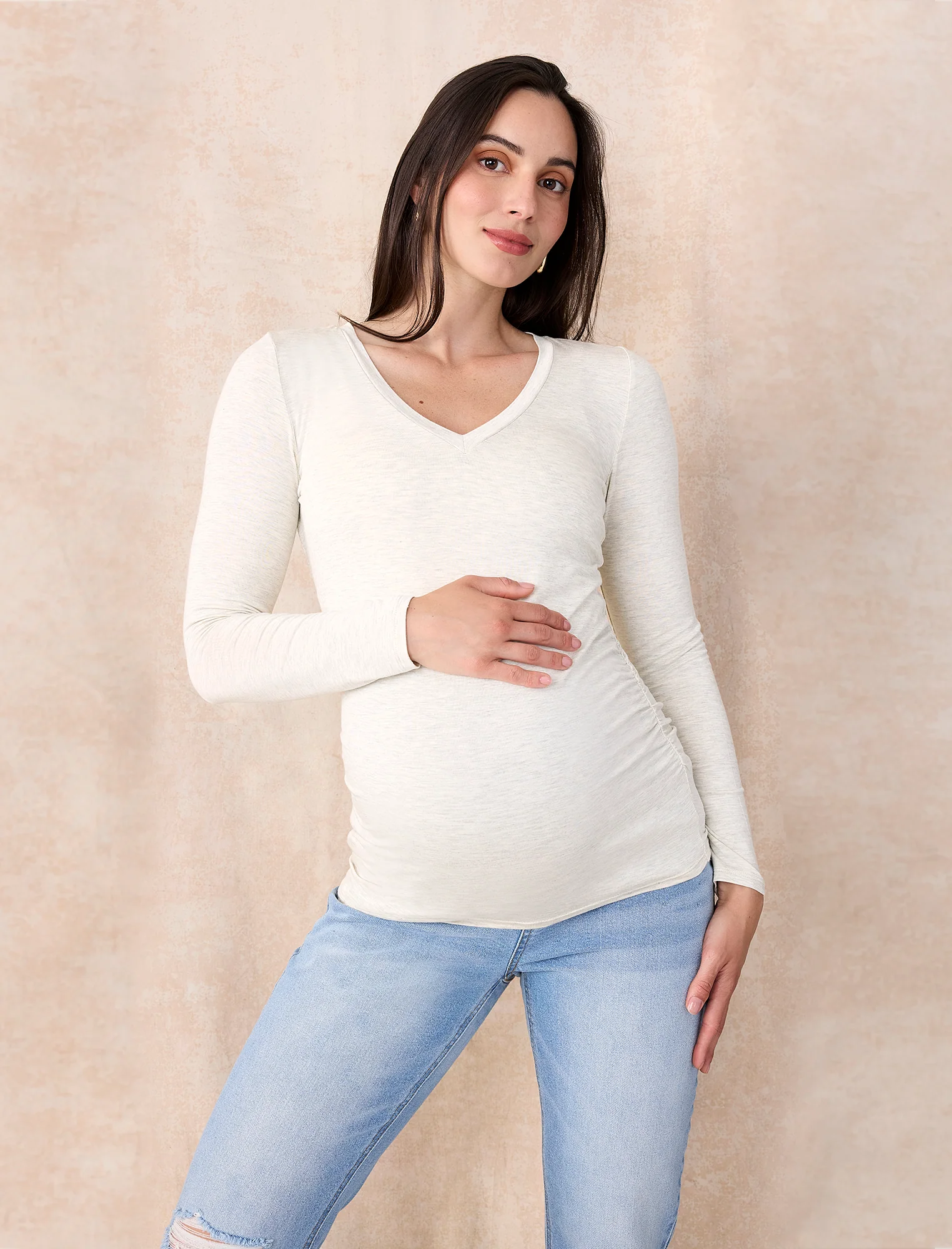 Side Ruched Long Sleeve V-Neck Maternity Tee - Image 7