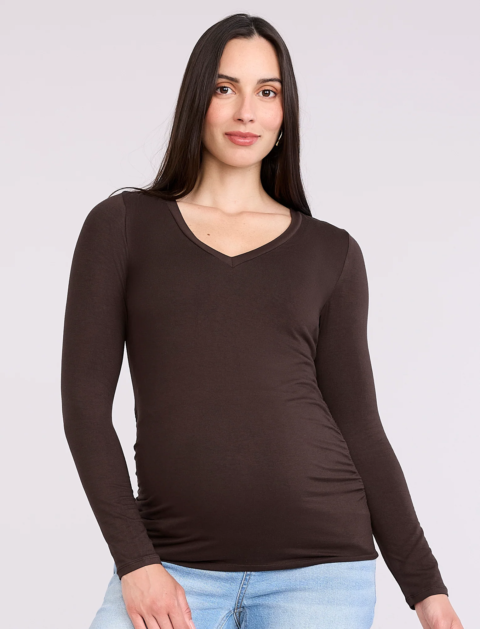 Side Ruched Long Sleeve V-Neck Maternity Tee