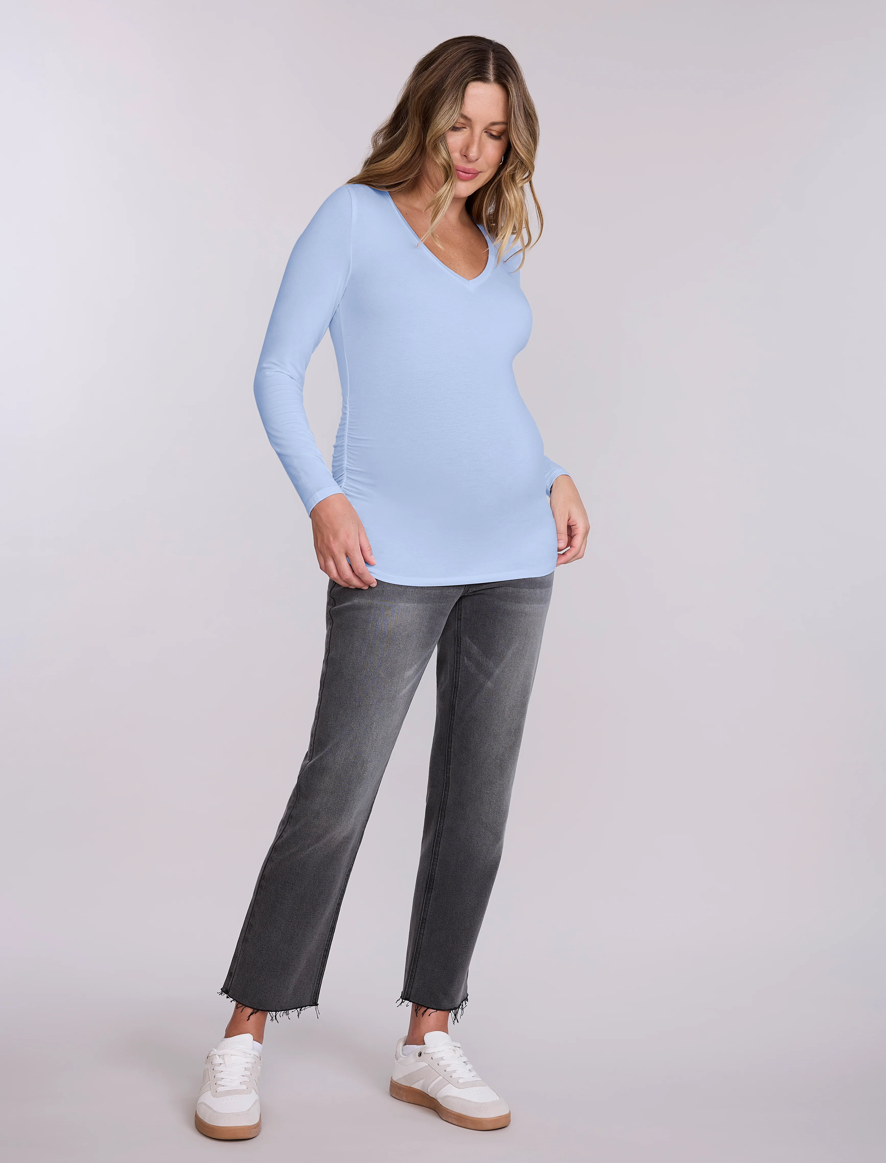 Side Ruched Long Sleeve V-Neck Maternity Tee - Image 3