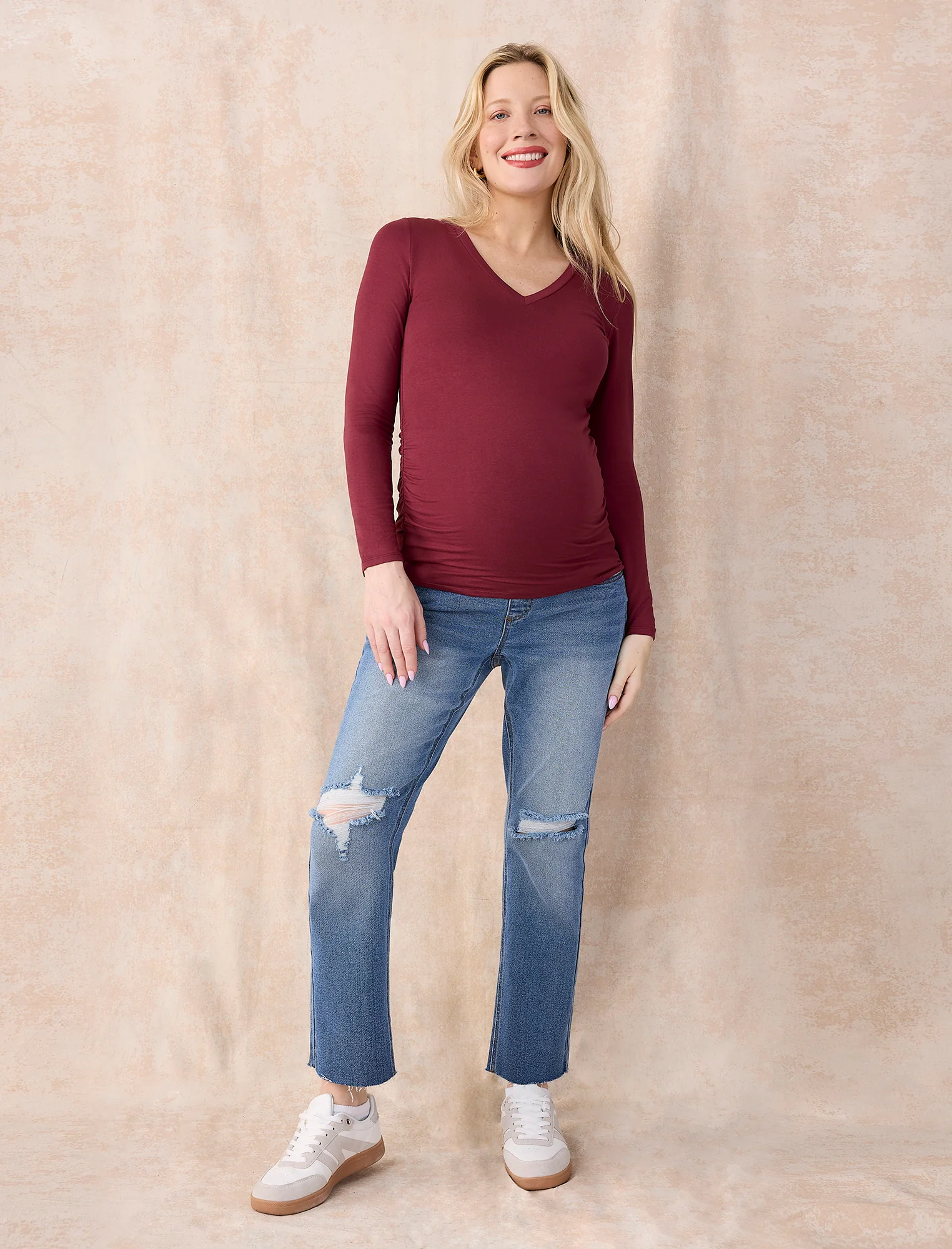 Side Ruched Long Sleeve V-Neck Maternity Tee - Image 7