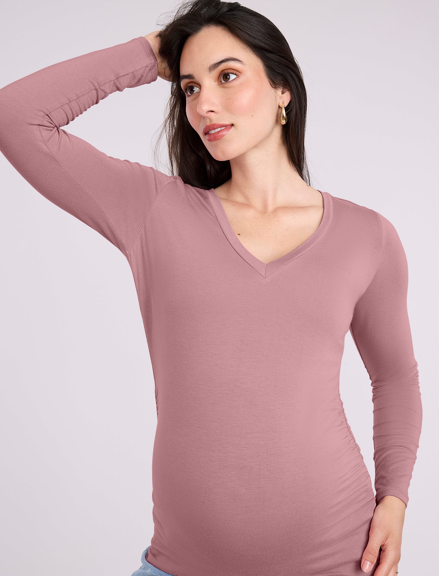 Side Ruched Long Sleeve V-Neck Maternity Tee - Image 4