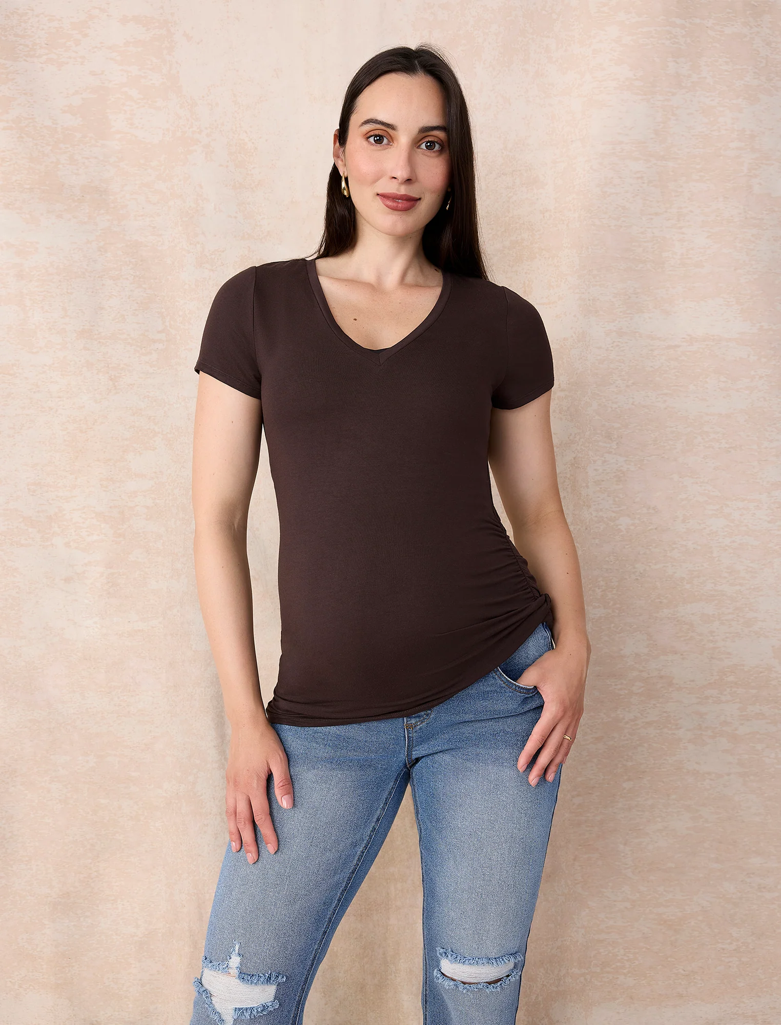 Side Ruched Short Sleeve V-Neck  Maternity Tee - Image 7