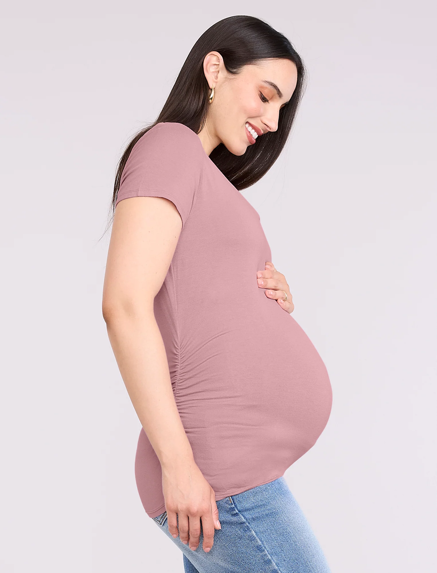 Side Ruched Short Sleeve V-Neck  Maternity Tee - Image 3