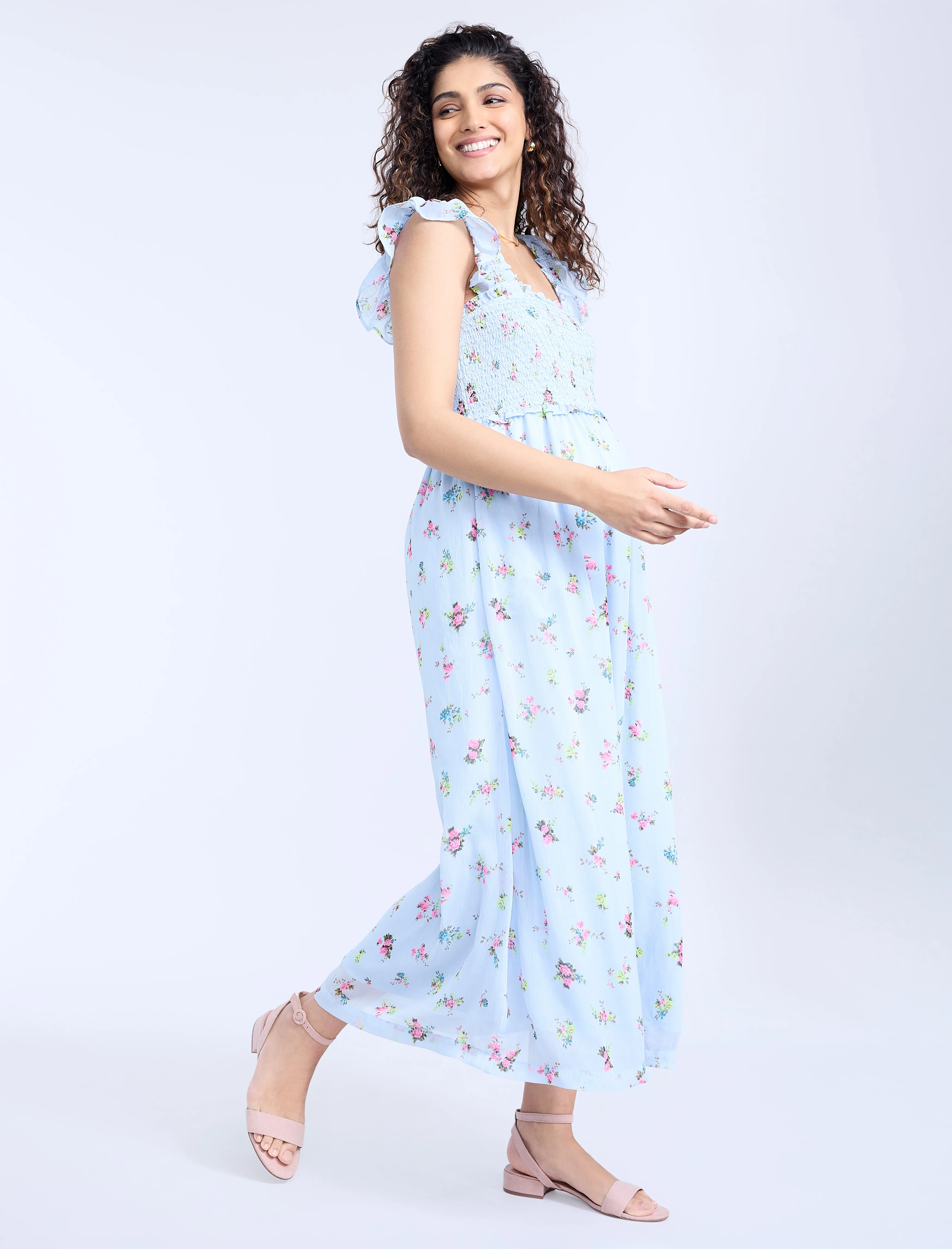 Sleeveless Ruffle Shoulder Smocked Dress - Image 3