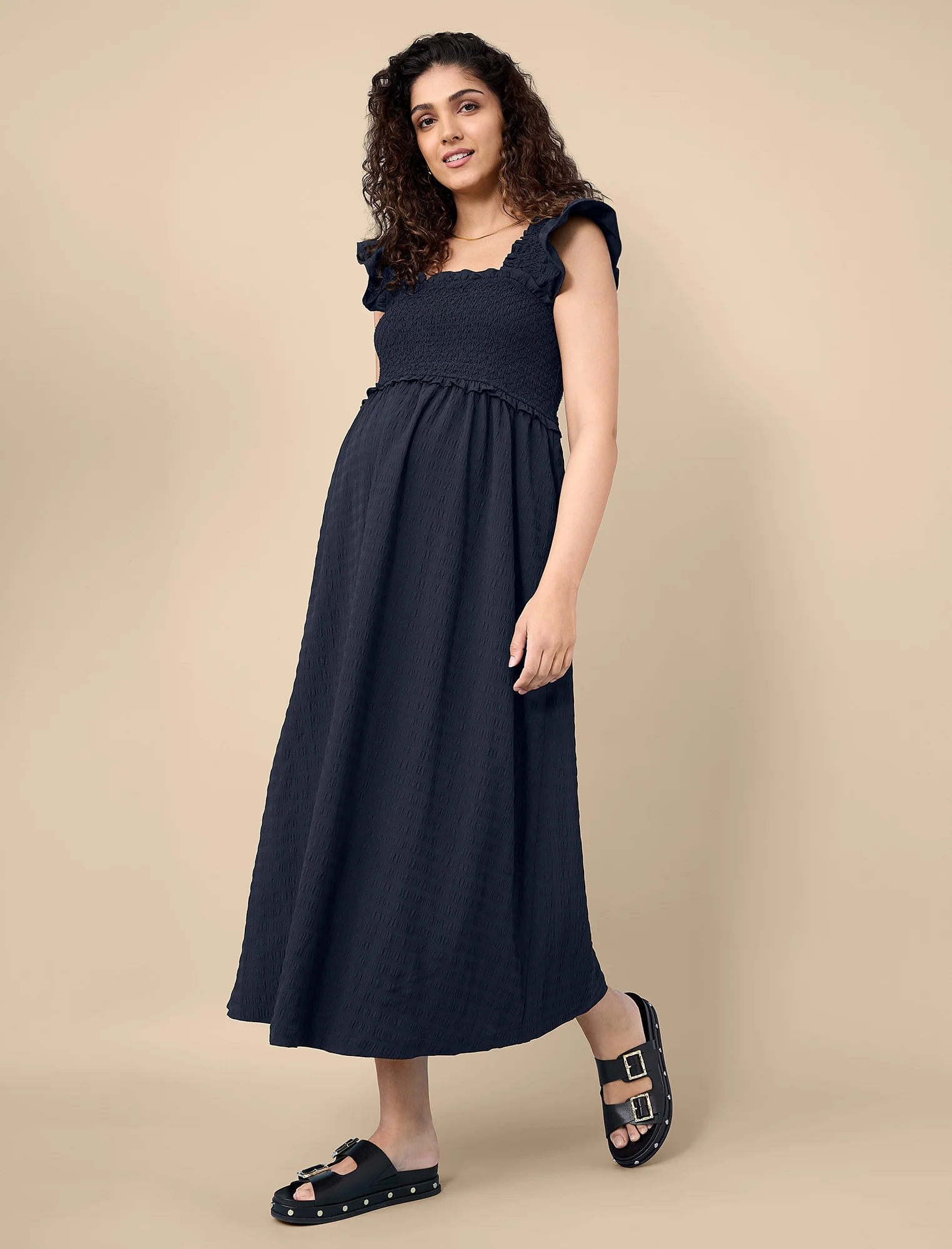 Sleeveless Ruffle Shoulder Smocked Dress - Image 6
